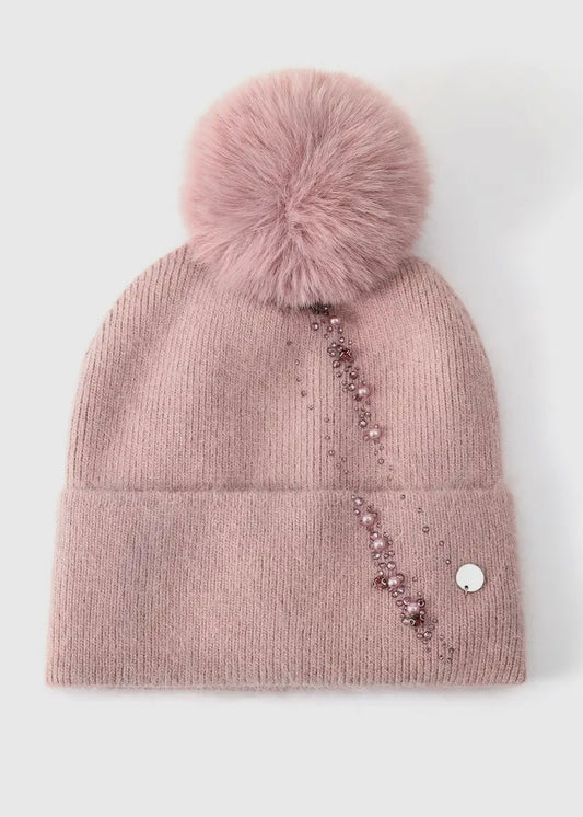 Cashmere & Wool Blend Pink Sparkle Bobble Hat