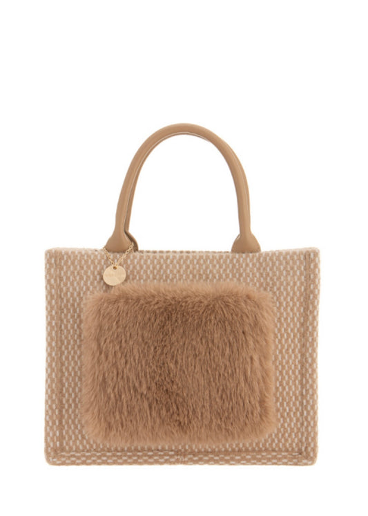 Fur Pocket Tote Bag - Beige