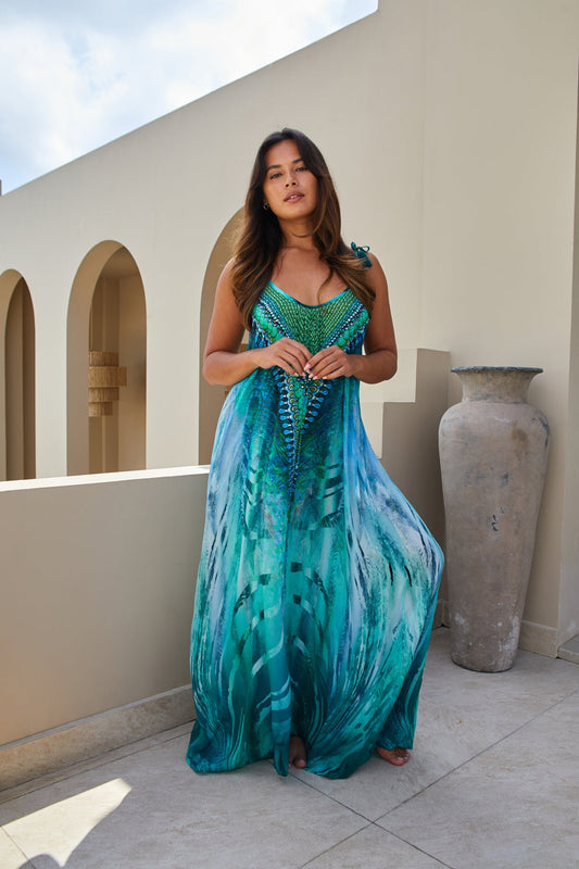 Tropical Palm Printed & Embellished Maxi Dress